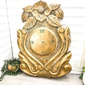 Large Gold Hand-Carved Wooden Floral Clock: Antique Wood Decor